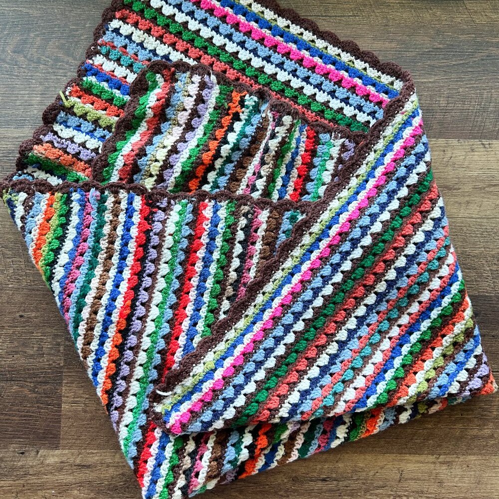 Vintage  Knitted Blanket, 1970s Style, Funky Blanket, Handmade Hand Knit Blanket